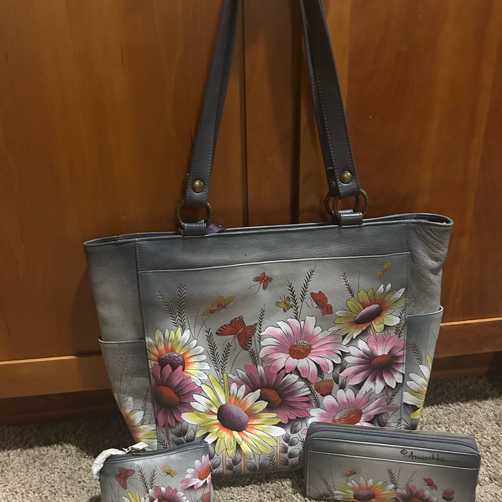 Anuschka Gray Floral Tote Bag